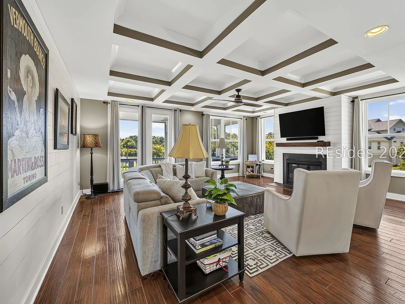Living Room with Coffered Ceiling at 32 Hackney Pony Lane, Hilton Head Island SC