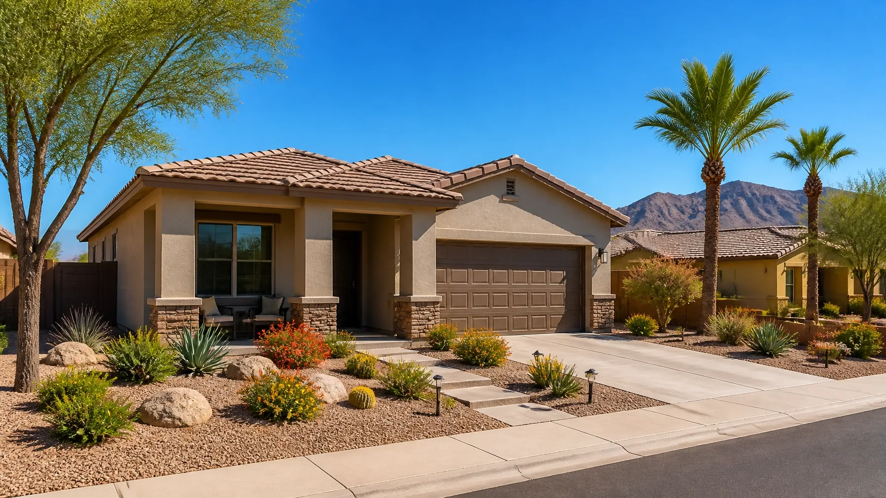 A desert-style home facade with tan stucco, stone accents, and a tile roof under a clear blue sky