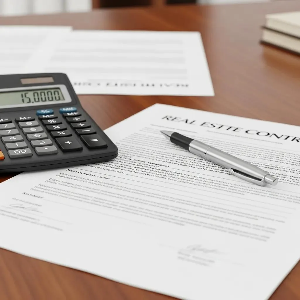 Printed real estate contract pages on a desk with a pen and calculator