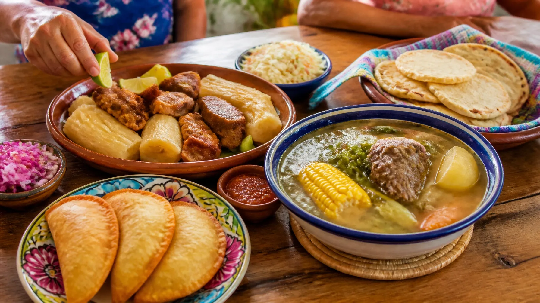 Traditional Mexican dishes served at a wooden restaurant table