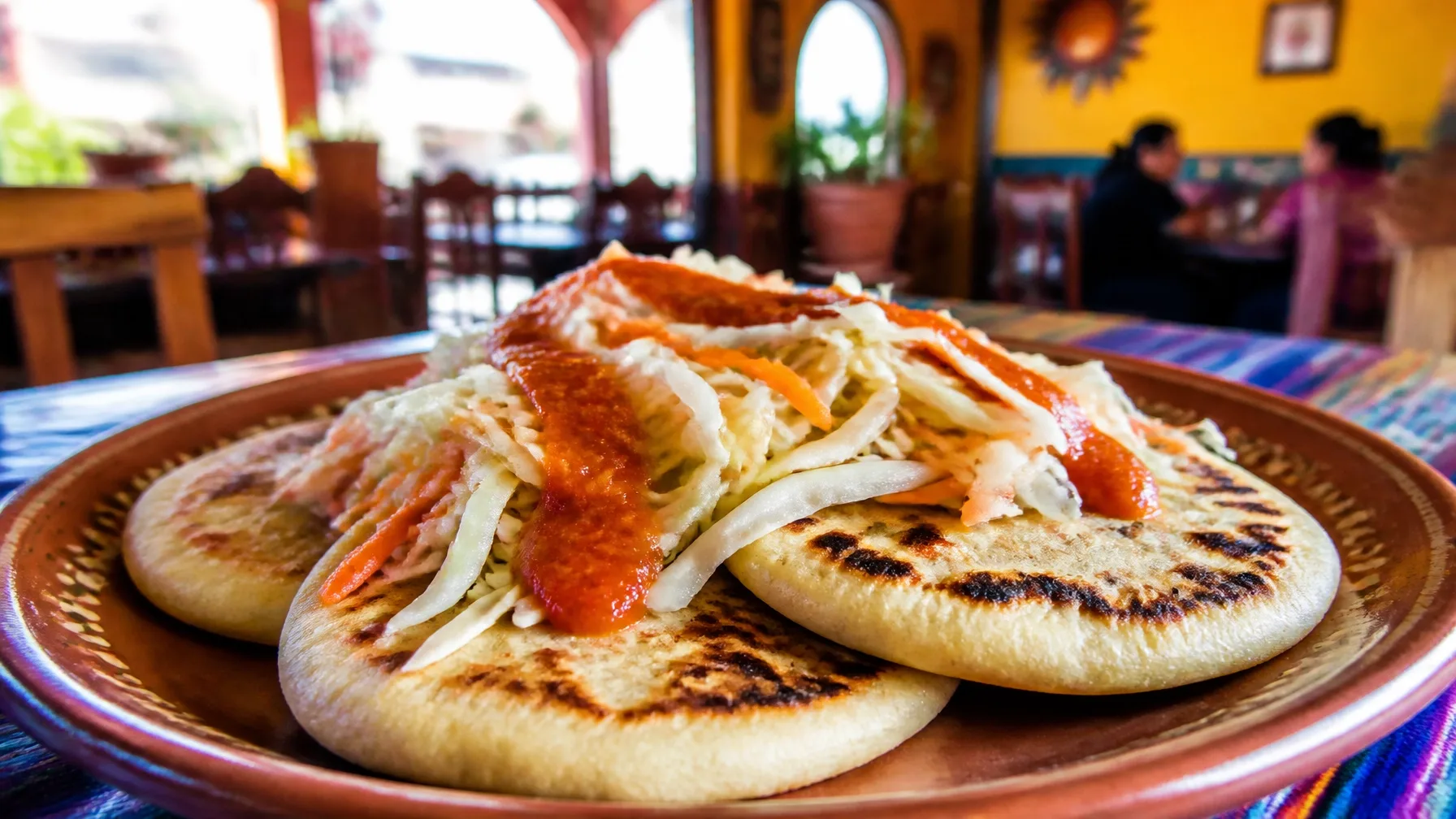 Pupusas topped with curtido cabbage slaw and red salsa on a clay plate at a restaurant table