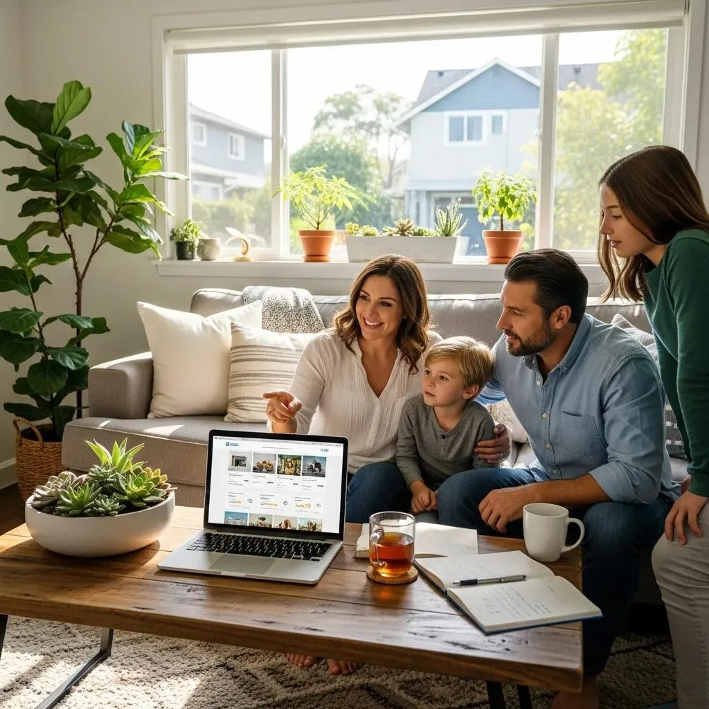 A family reviewing home options together on a laptop