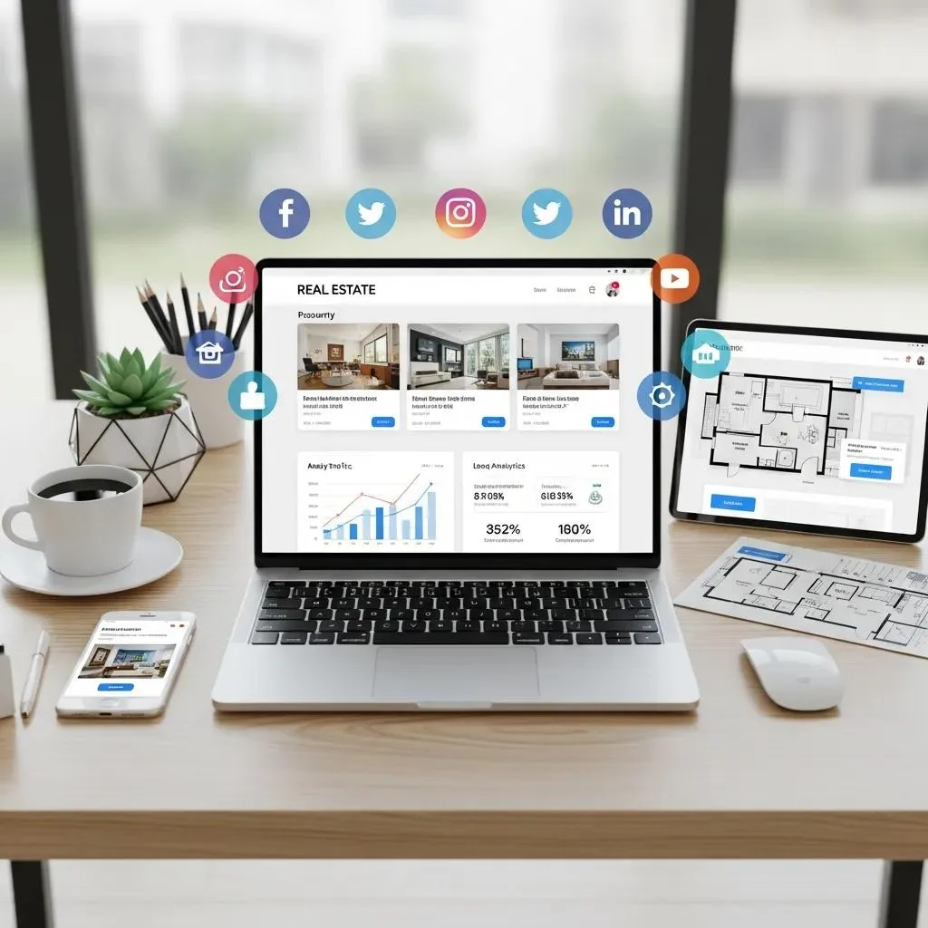 Workspace with a laptop, tablet showing a floor plan, and coffee