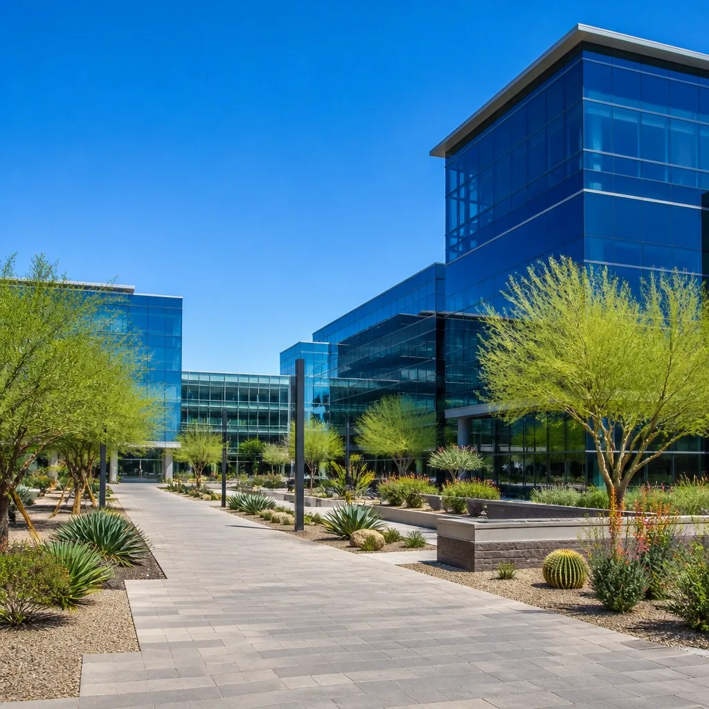 Modern glass office campus exterior with a walkway between buildings