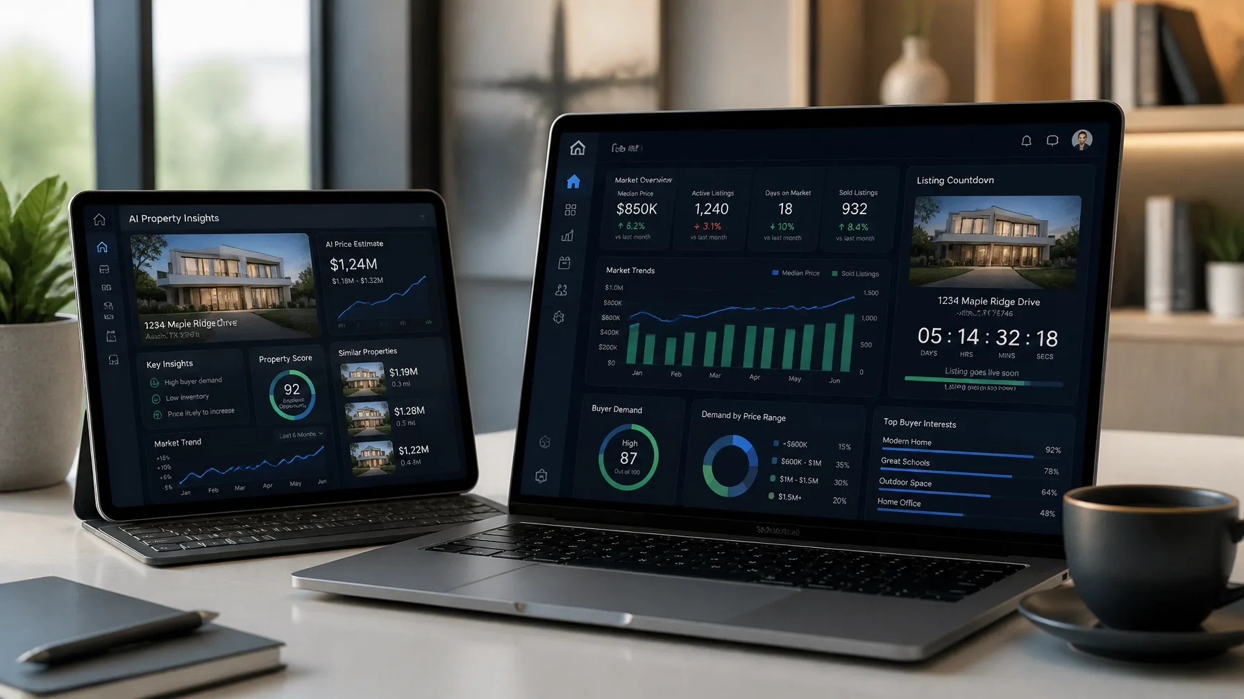Workspace with a tablet and laptop showing financial dashboards