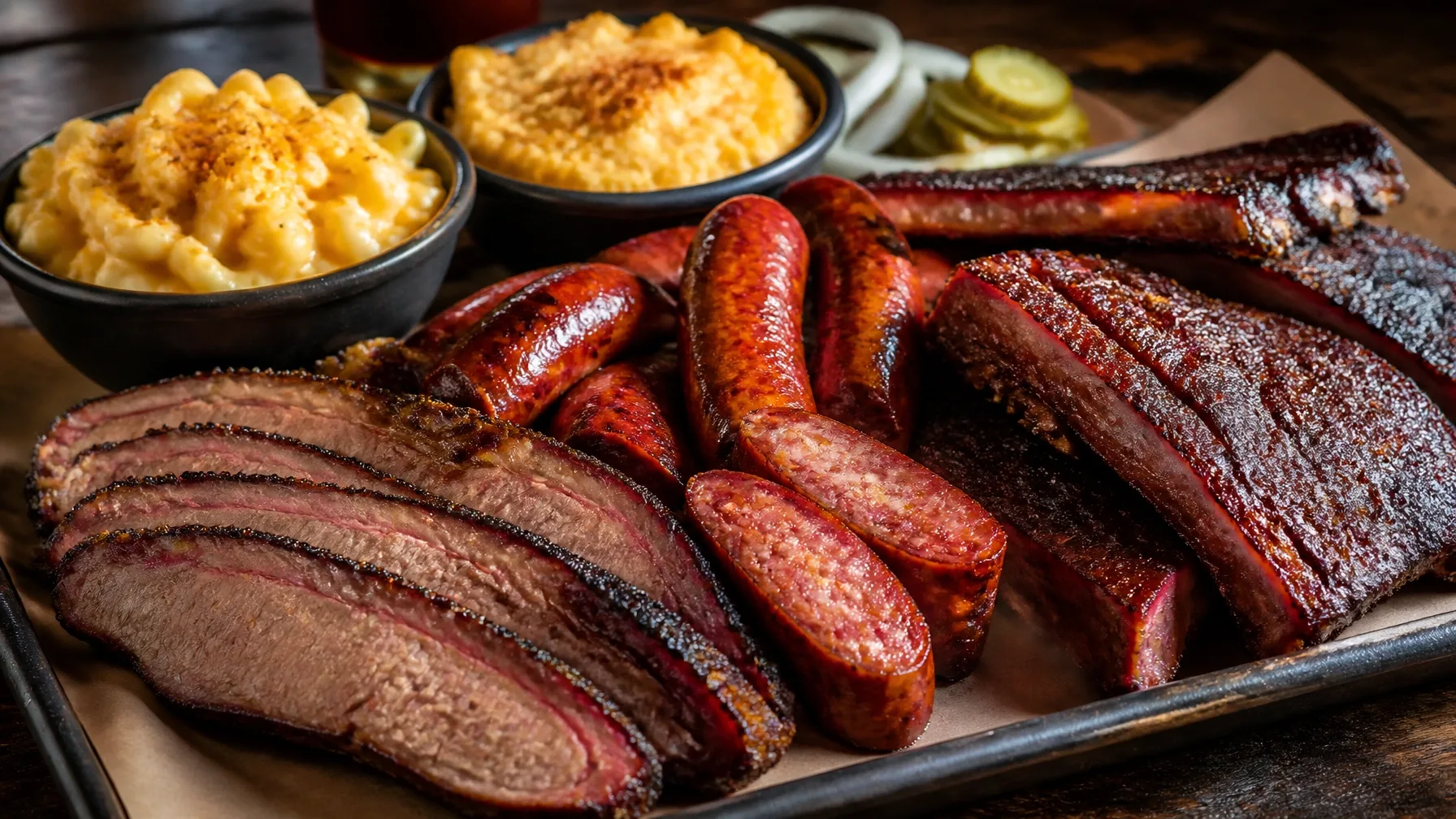 A platter of smoked barbecue with sides on butcher paper