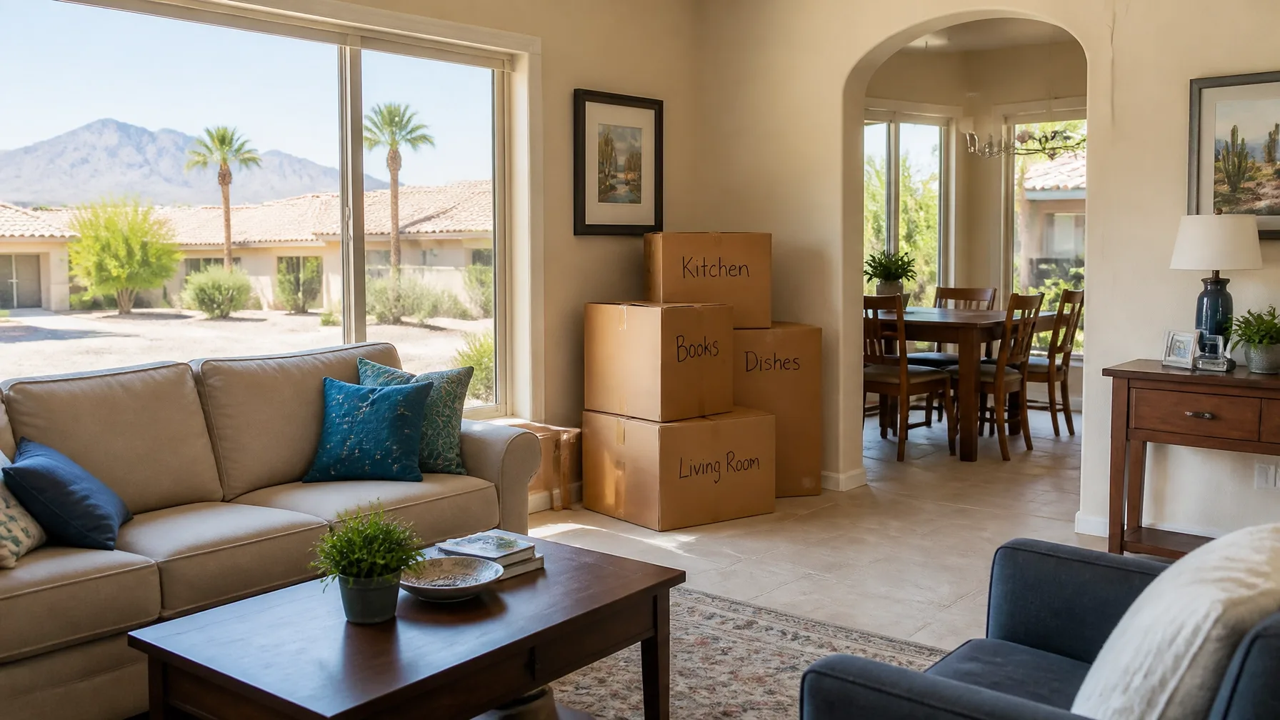 Living and dining area with moving boxes, showing a home mid-transition