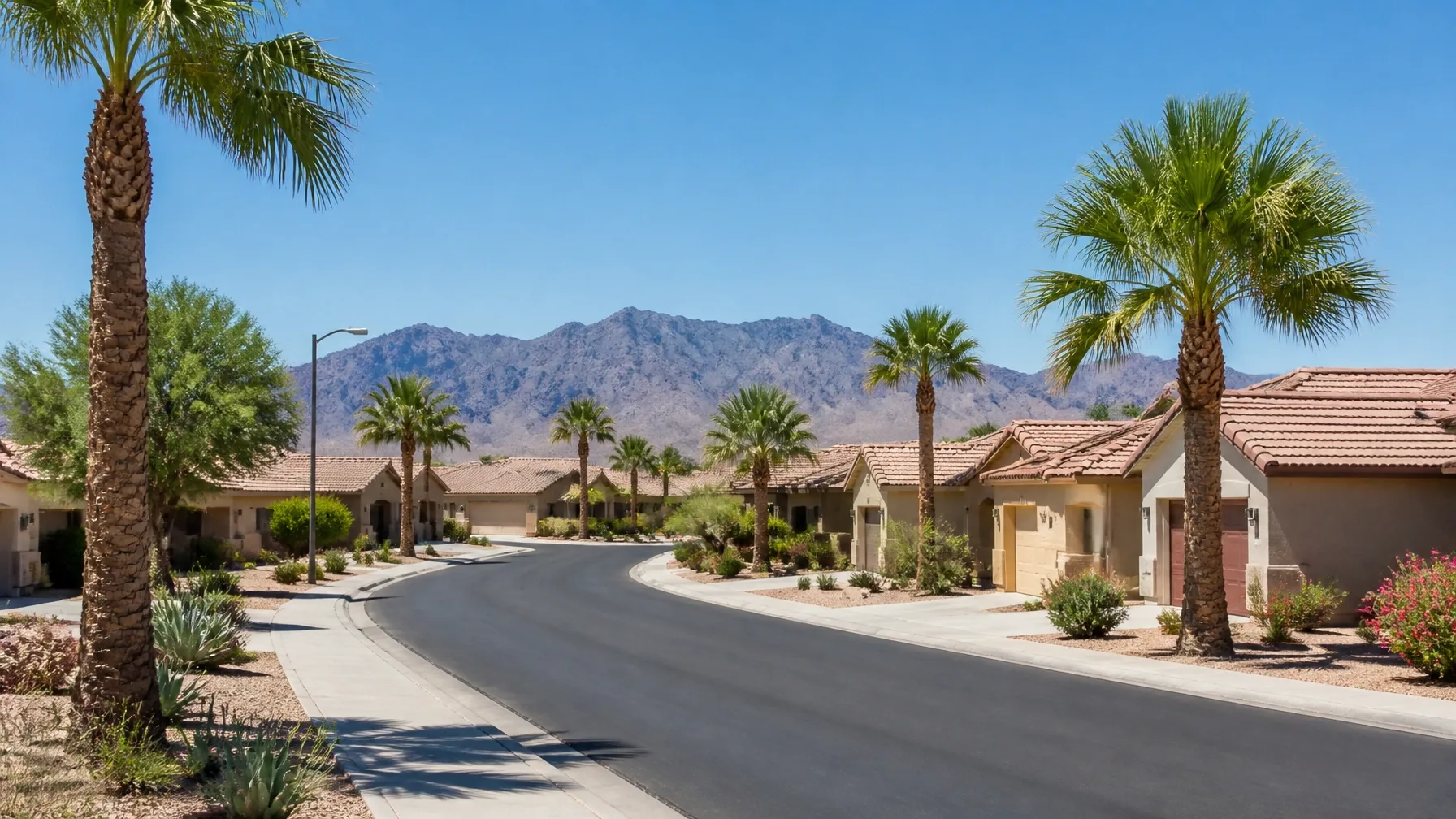 Desert suburban neighborhood street with stucco homes and desert landscaping