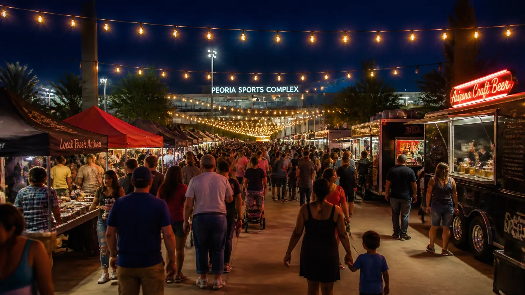 Evening outdoor market with string lights near a sports complex in Peoria