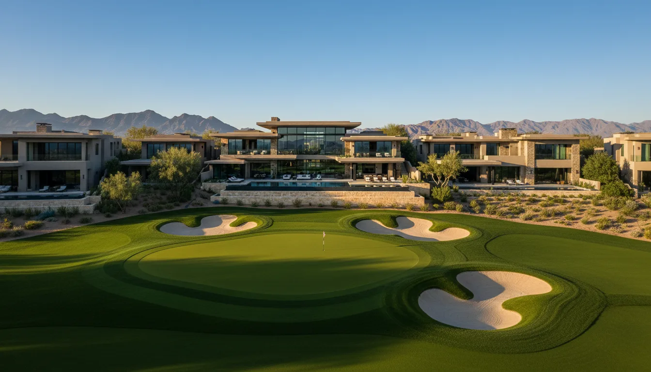 Luxury desert estate overlooking a golf course at golden hour