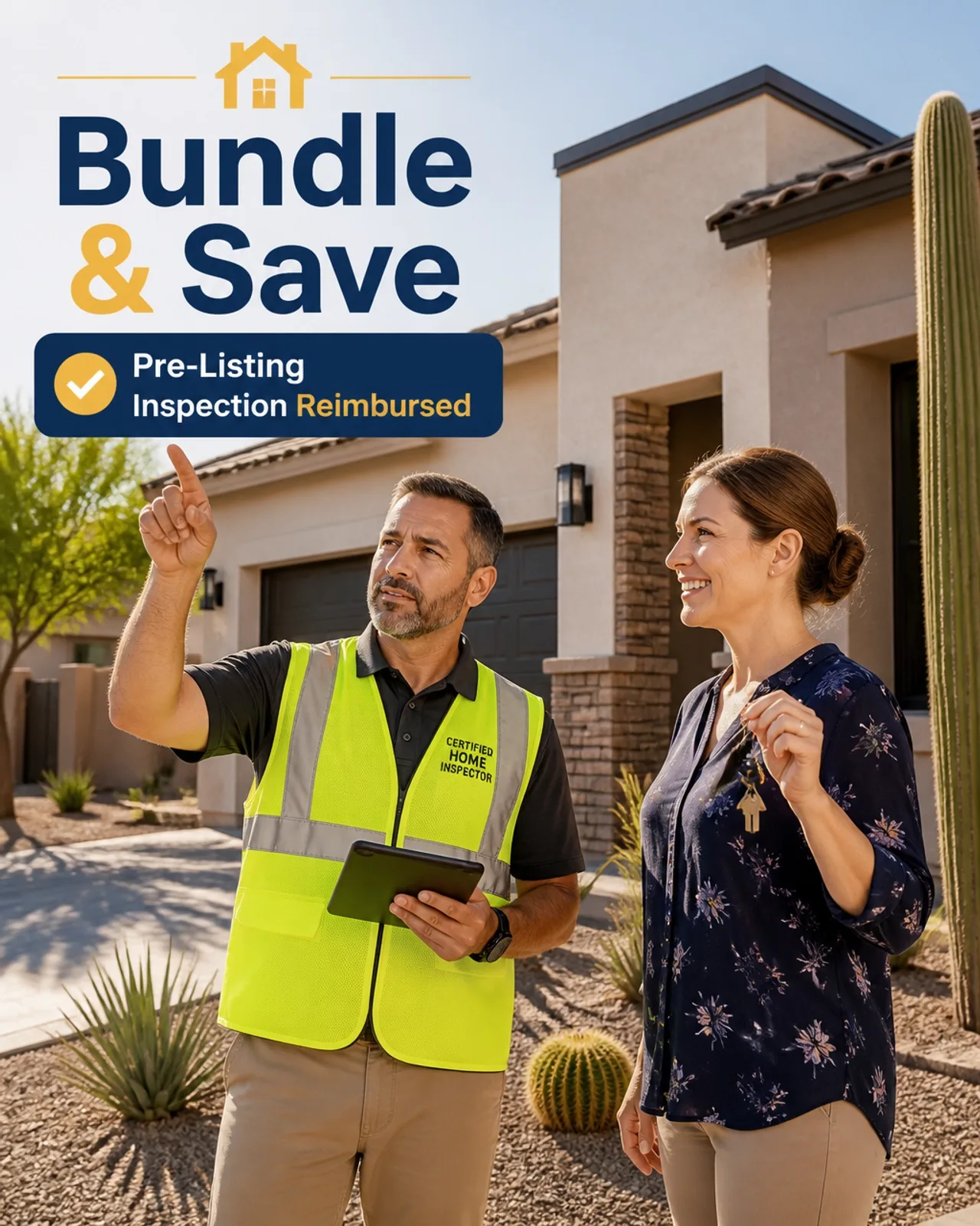A certified home inspector in a safety vest reviewing a home with a client