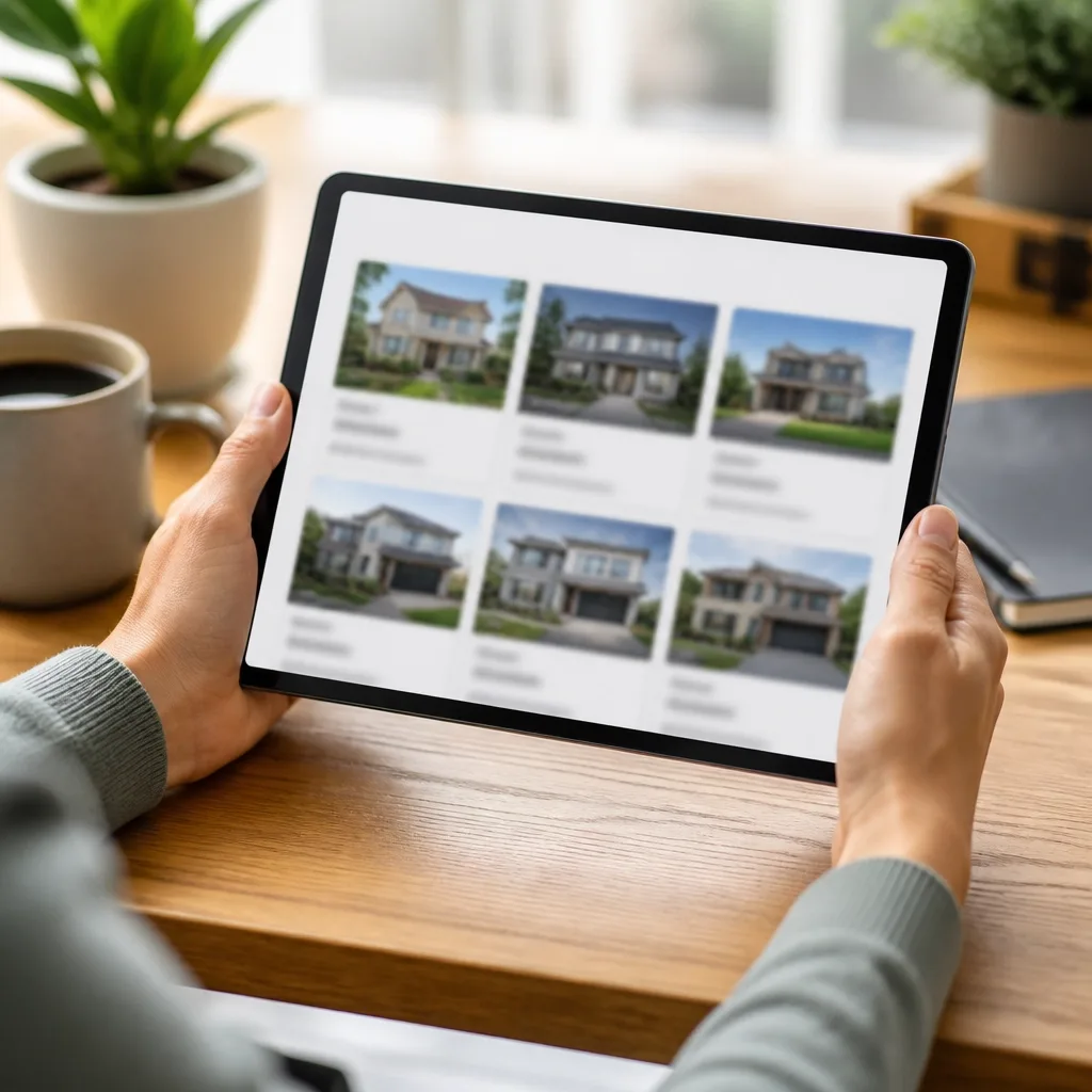 Person holding a tablet showing a real estate search interface on a wooden desk