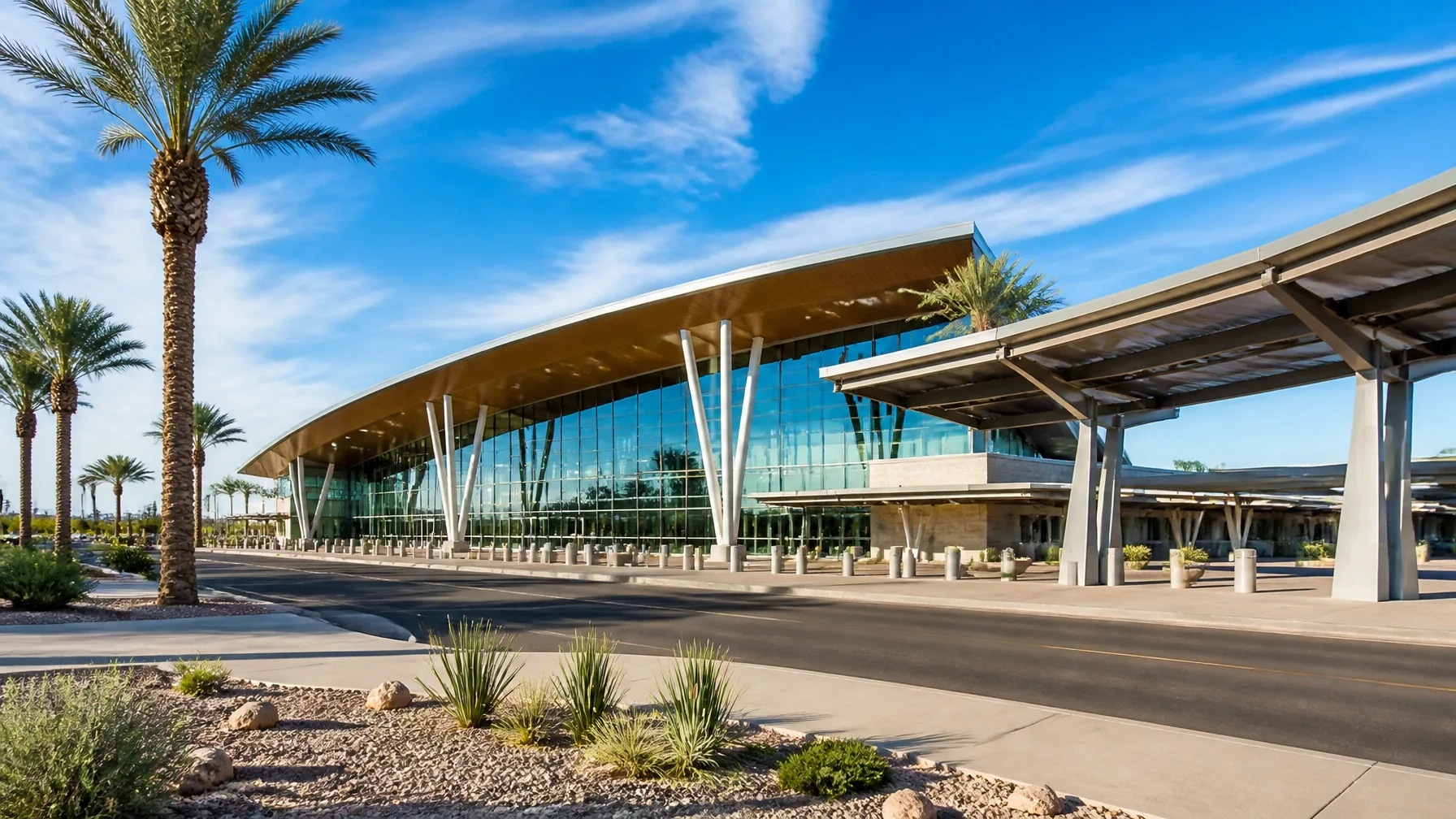 A modern commercial building with a curved roofline and glass facade in a desert setting