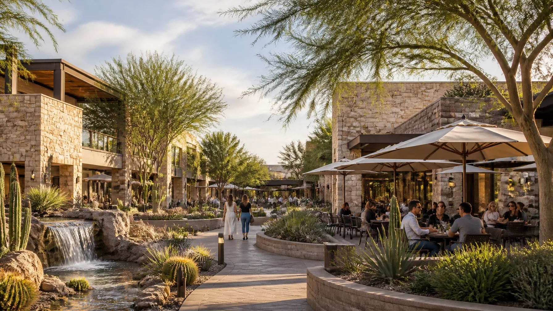 Outdoor patio dining with tables and umbrellas at a West Valley restaurant