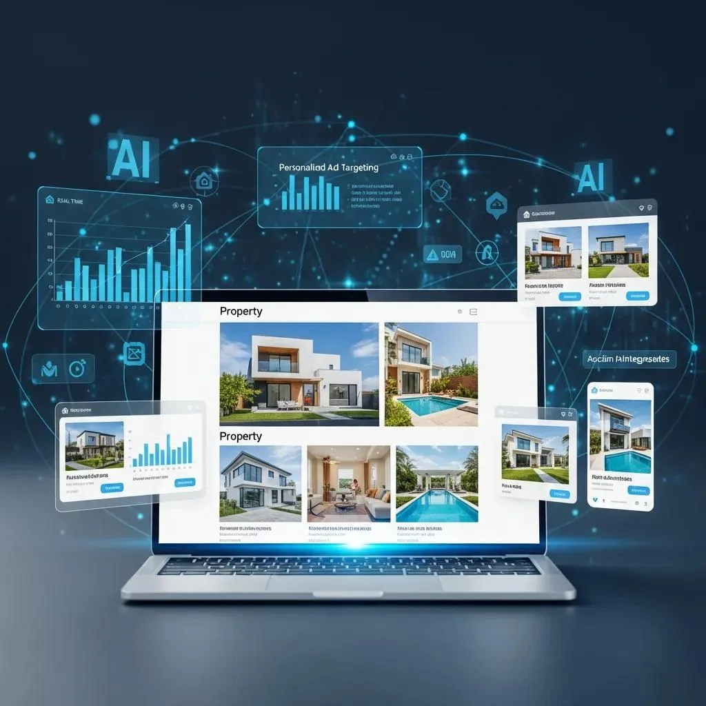A monitor displaying a real estate platform dashboard with listings and analytics