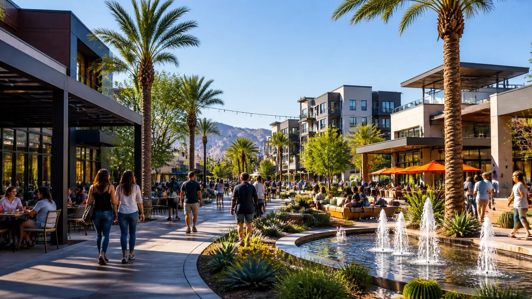 An outdoor retail and dining plaza with modern commercial architecture and desert landscaping