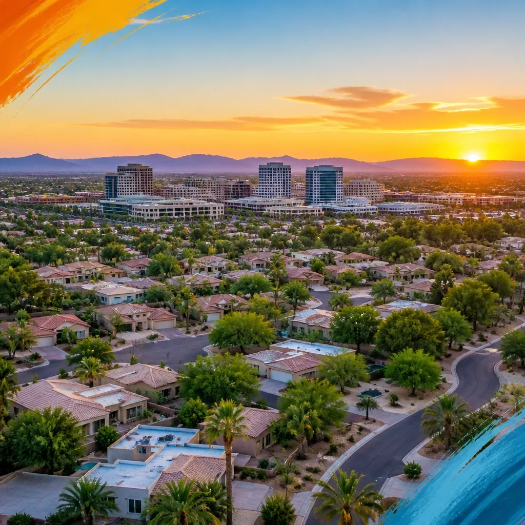 Aerial view of suburban residential development in the Phoenix metro area at sunset