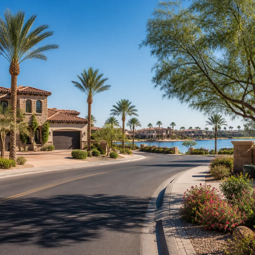 A residential street winding past a lake with Mediterranean-style homes and desert landscaping