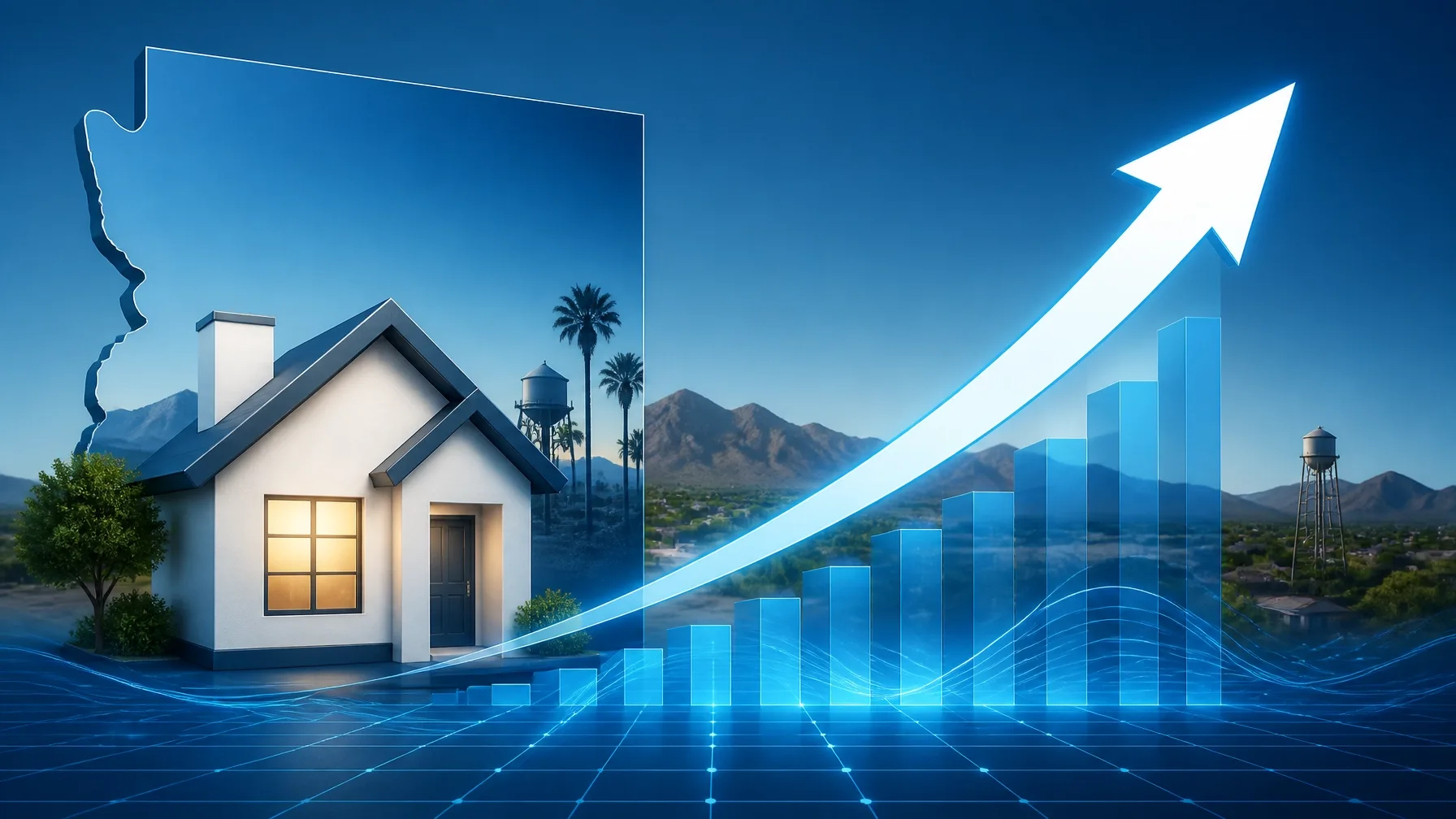 A stylized house rising above a growth chart over a desert landscape