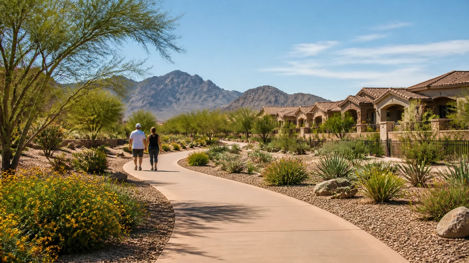 A walking path through desert landscaping in a master-planned community