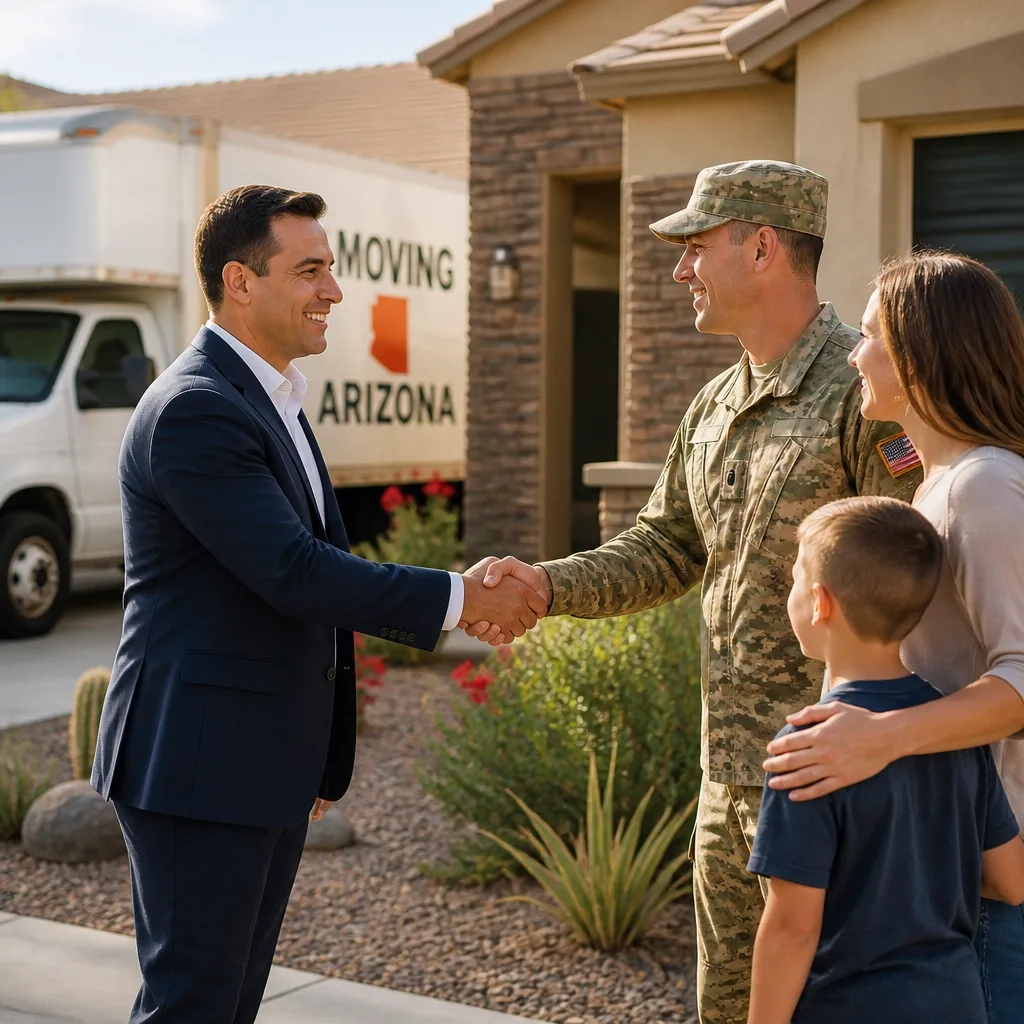 A real estate agent shaking hands with a service member in front of a home
