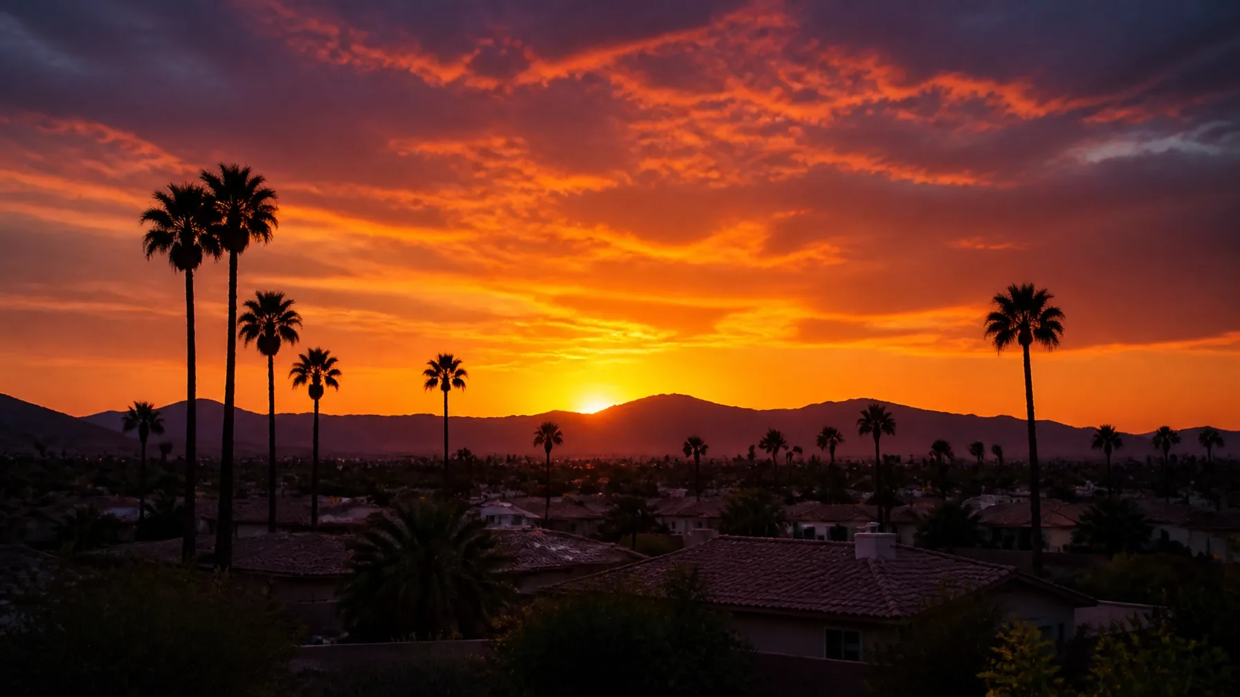 A desert residential community at sunset with palm trees silhouetted against the sky