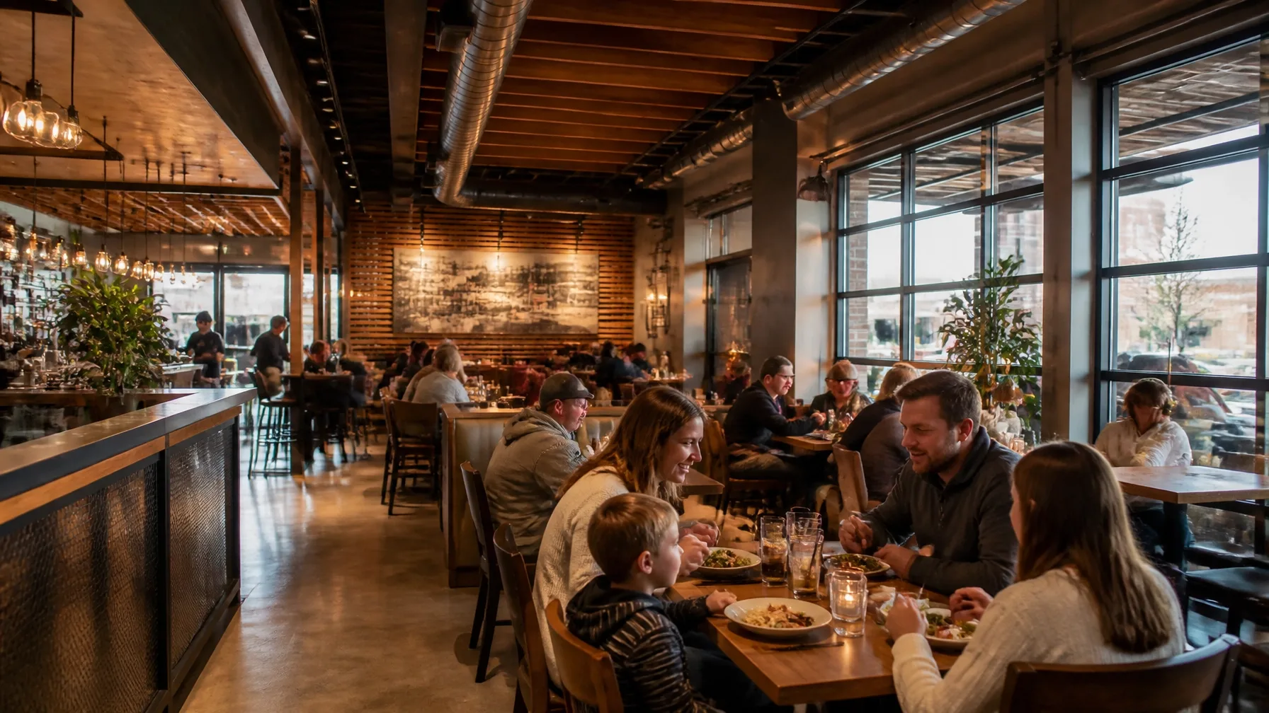 A modern restaurant dining room with wooden tables and pendant lights