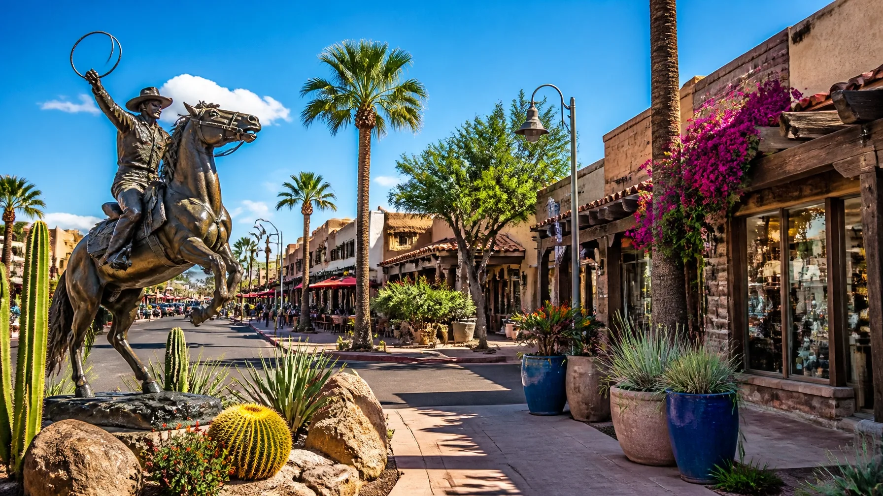 Old Town Scottsdale street scene with southwestern architecture and palm trees