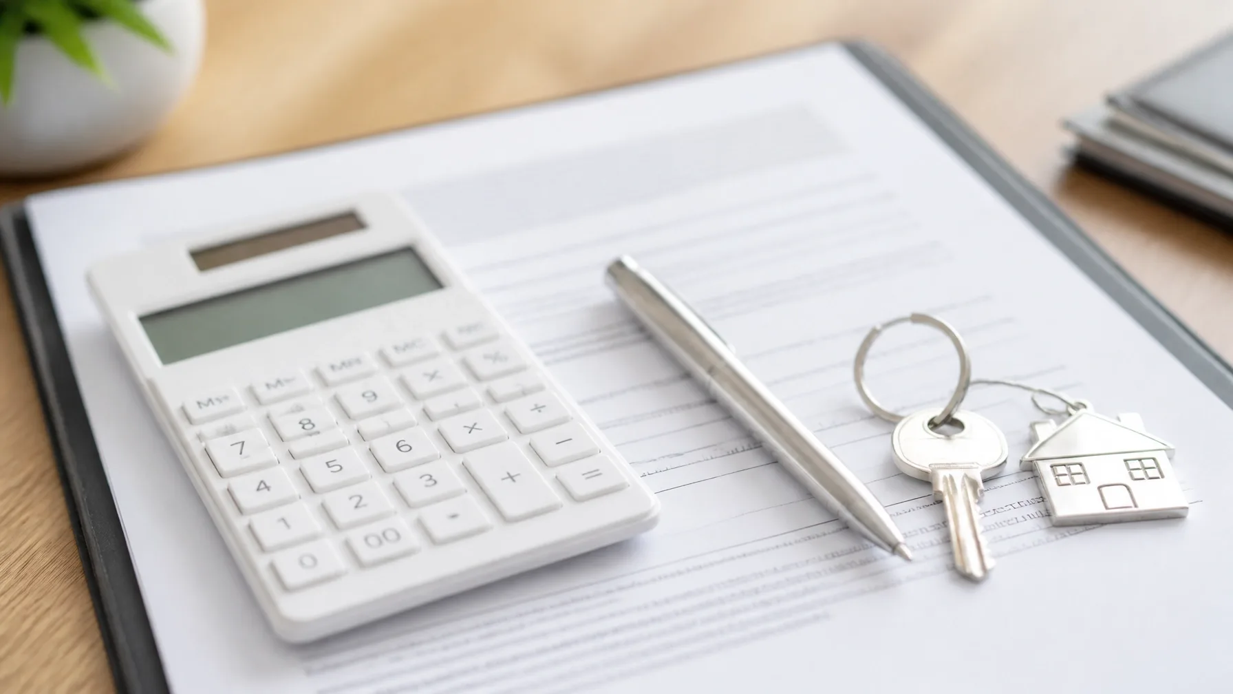 A real estate paperwork desk with a calculator, a pen, and a house-shaped keychain