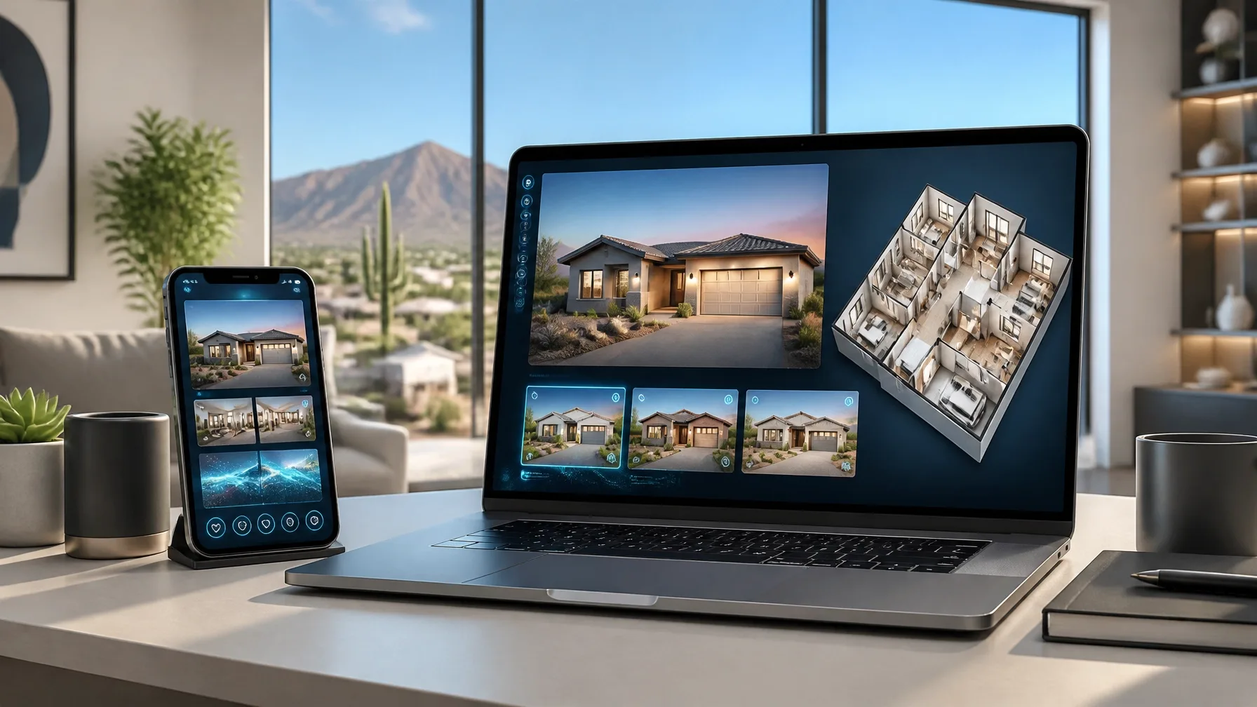 Desk setup with a laptop and phone showing real estate marketing and a floor plan