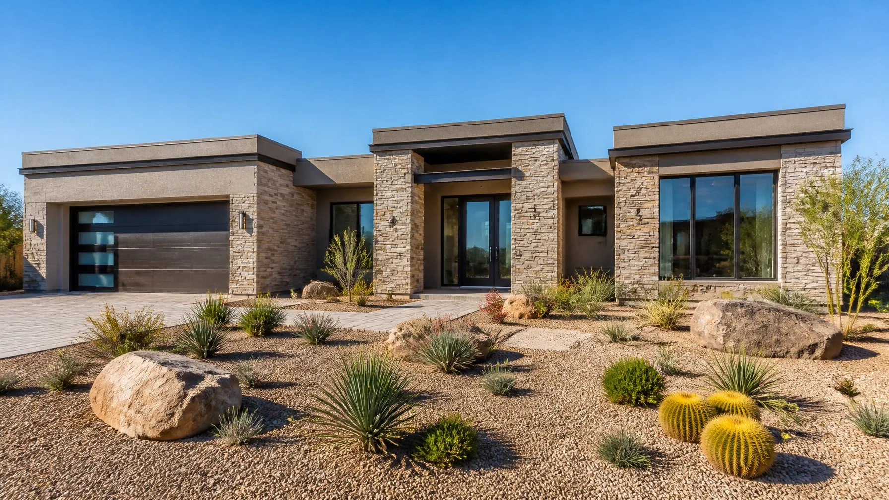 A modern desert-style home with stucco and stone accents and desert landscaping