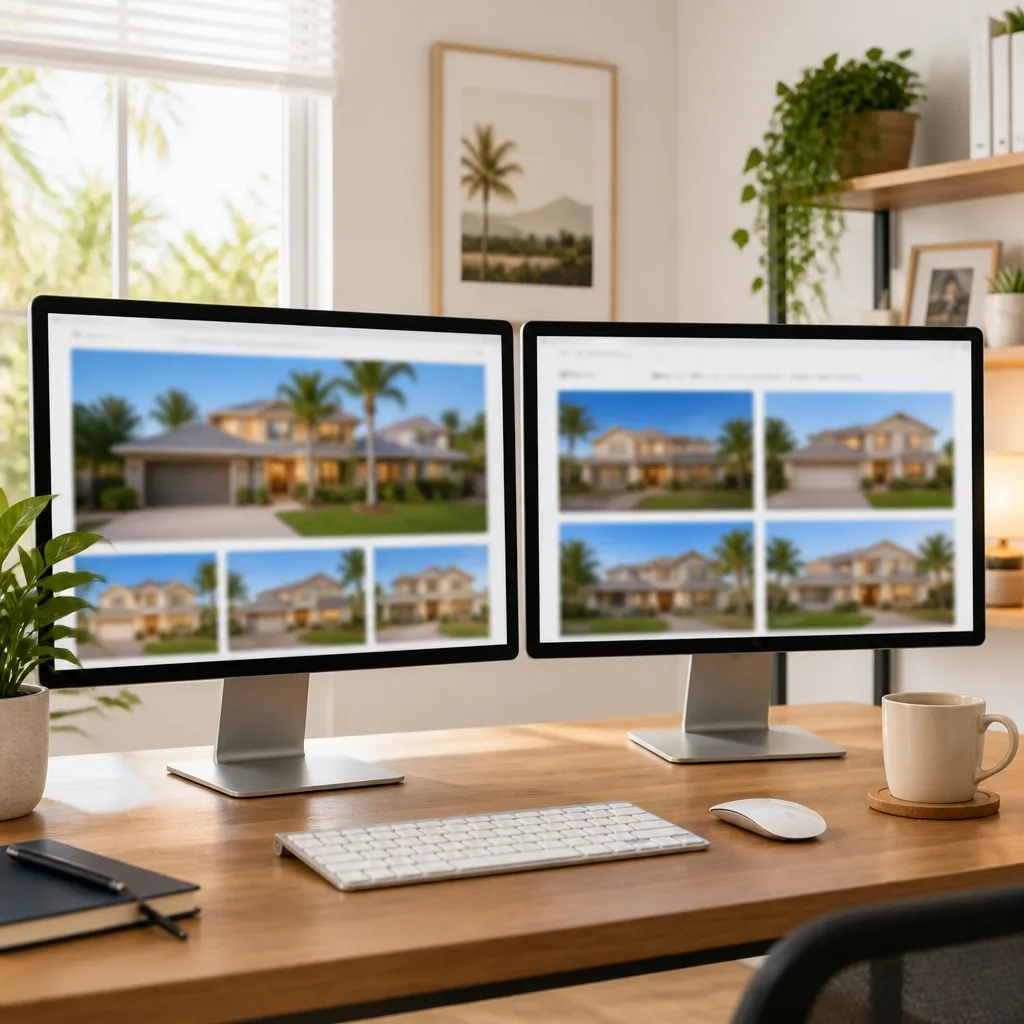 Home office workspace with a dual-monitor setup and real estate listings on screen