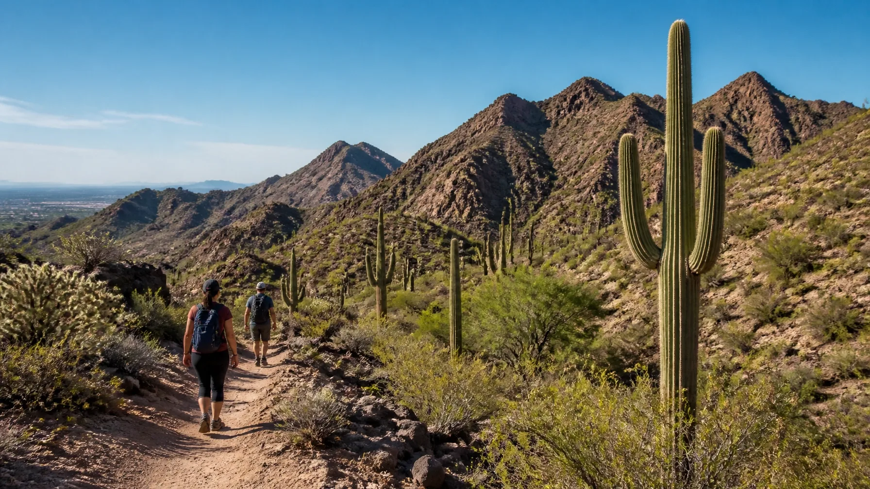 A dirt hiking trail through the desert with saguaro cacti and mountain terrain