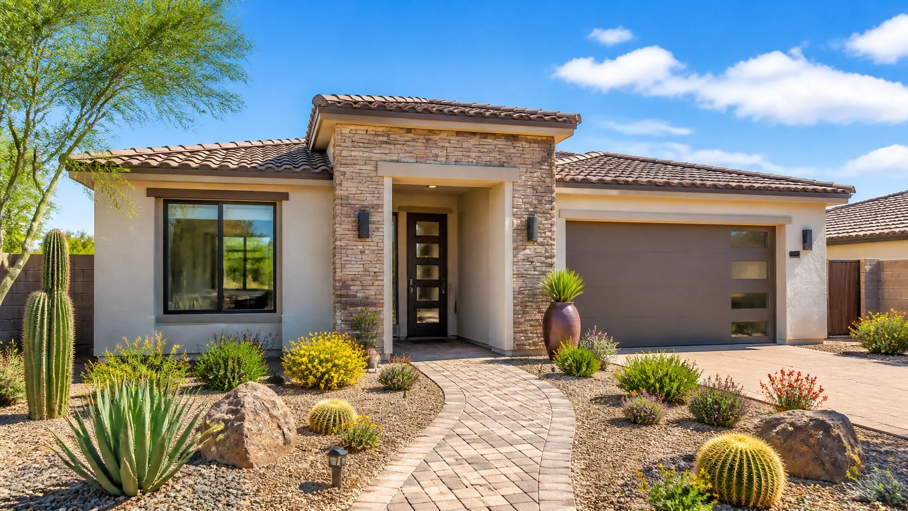 A single-story Arizona home with stucco and stacked stone exterior in bright daylight