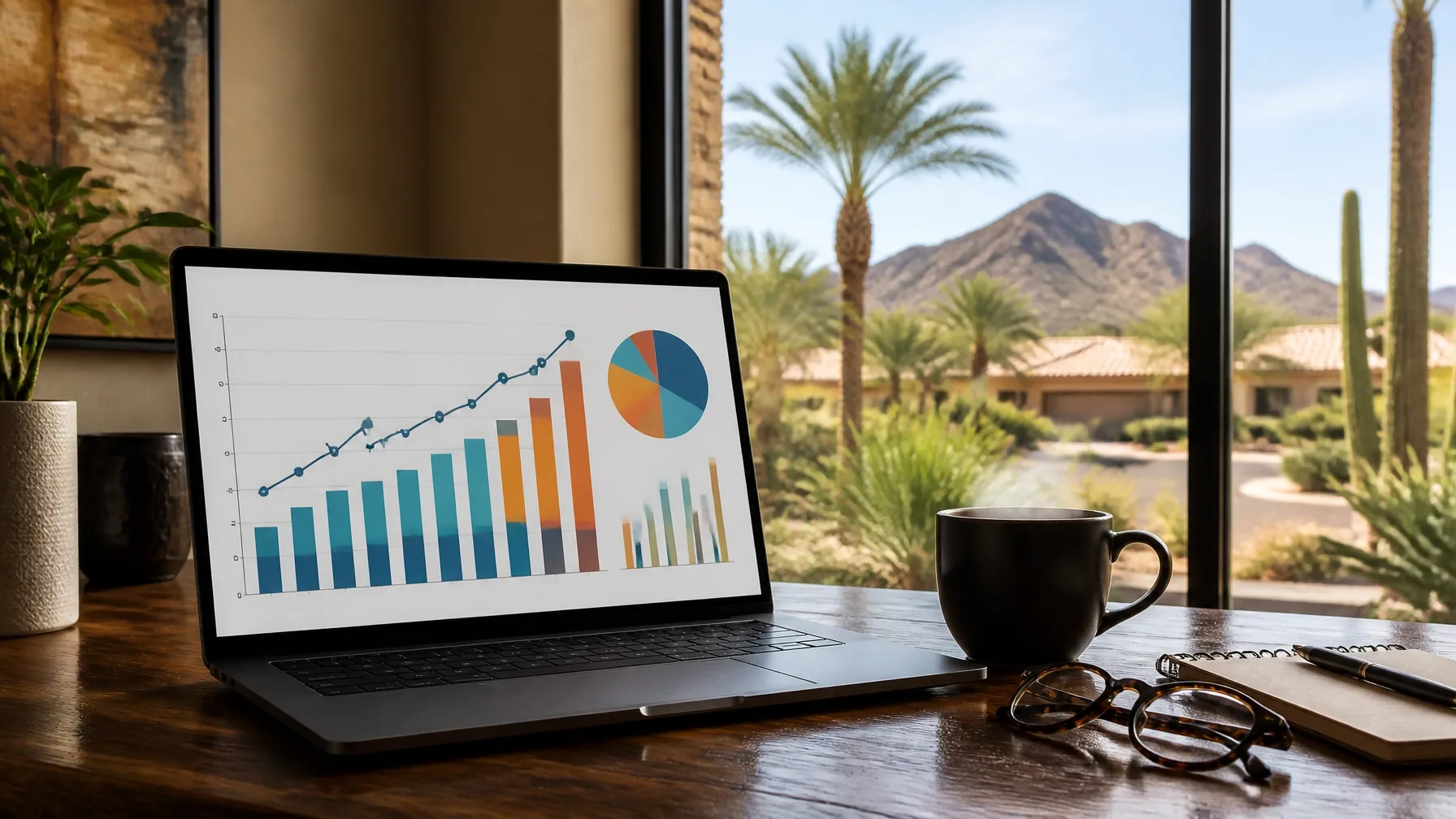 A workspace laptop showing market charts beside a window with a desert view