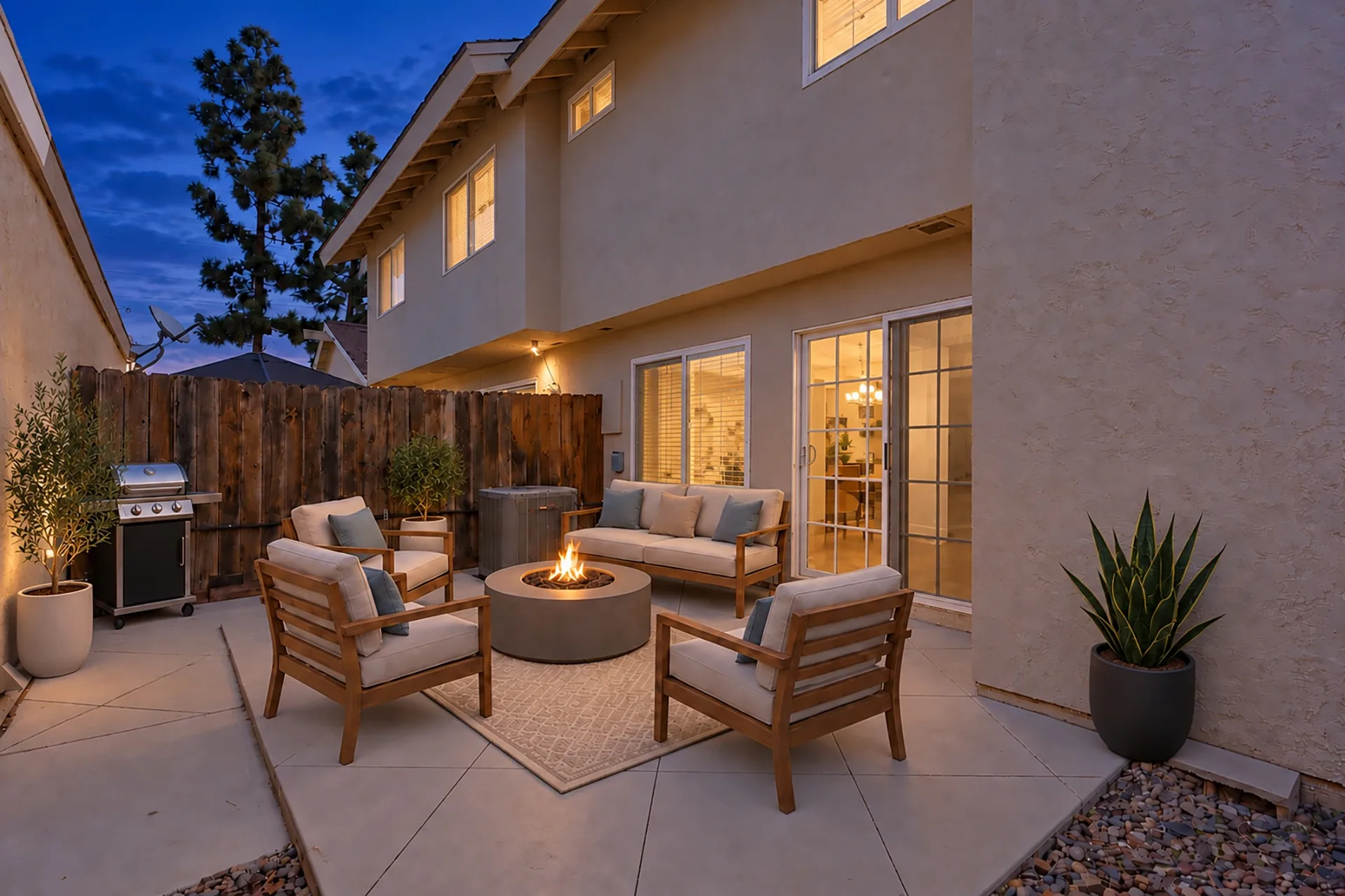 Virtually staged private patio at 8 Silverwood at twilight with outdoor seating, a firepit, and house lights on