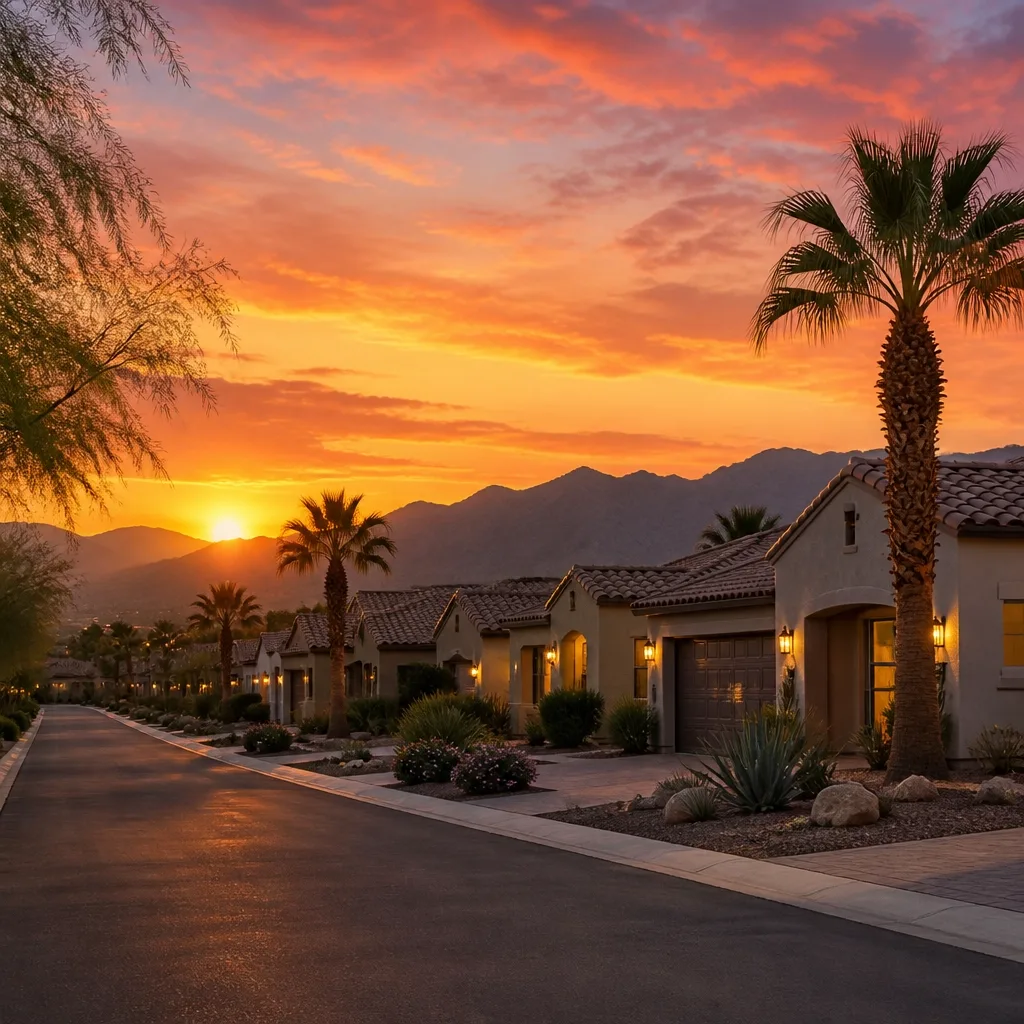 Residential street in a desert-suburban neighborhood at sunset