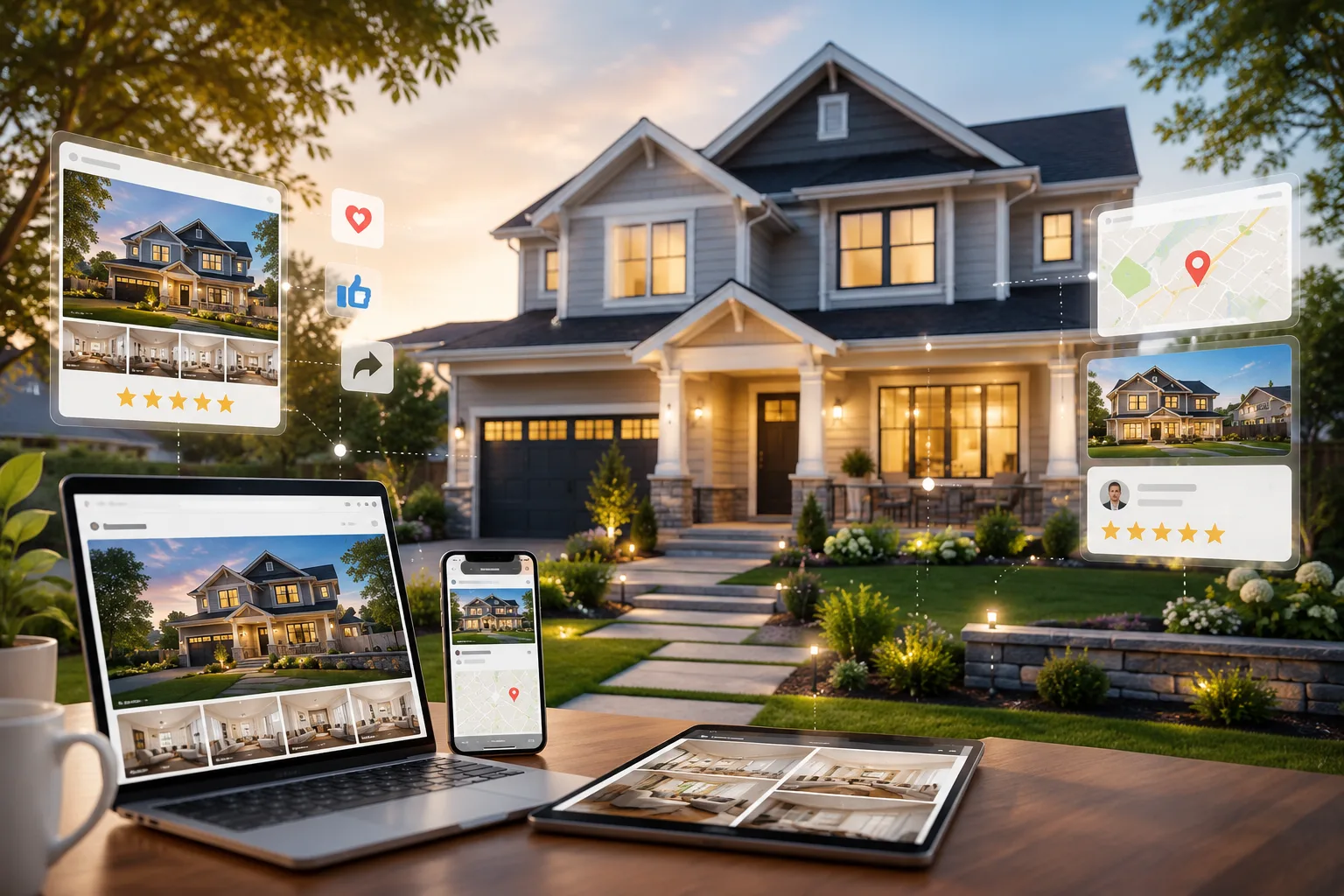 A desk with a laptop, smartphone, and tablet showing a property listing platform at dusk