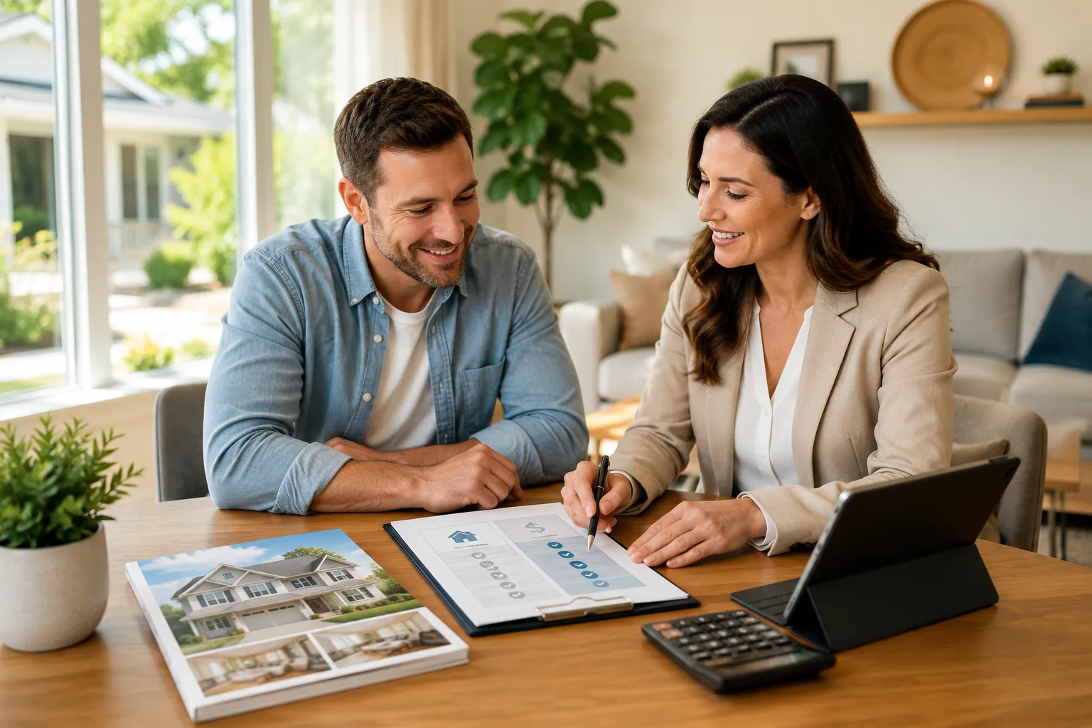 A real estate consultation at a table with documents and a laptop