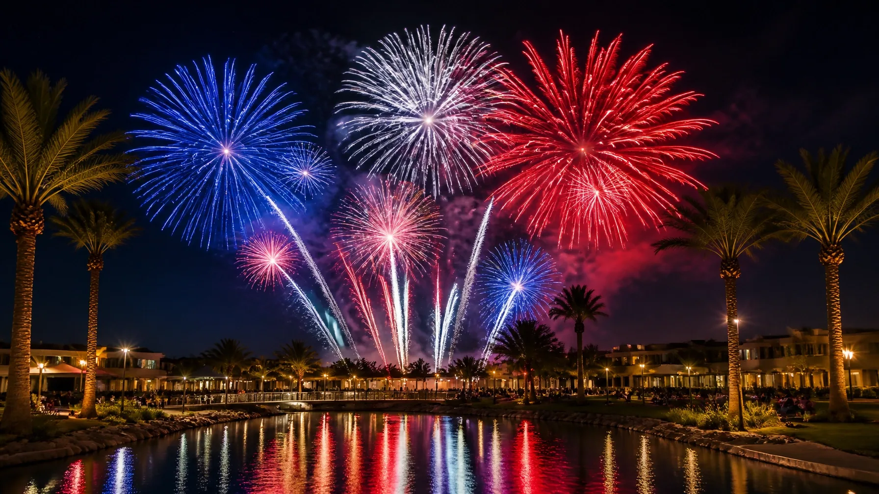 Fireworks over a community lake at night