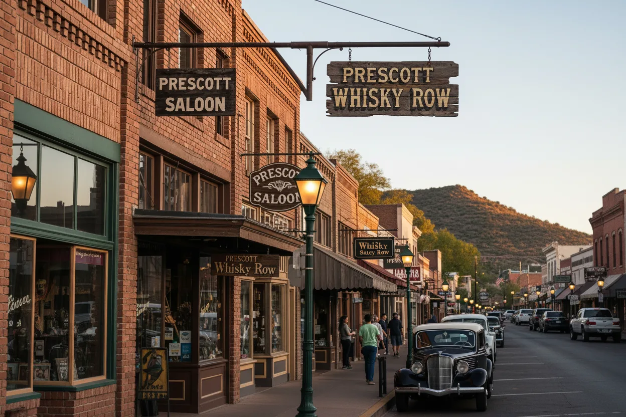 Historic downtown Prescott with red brick storefronts at golden hour