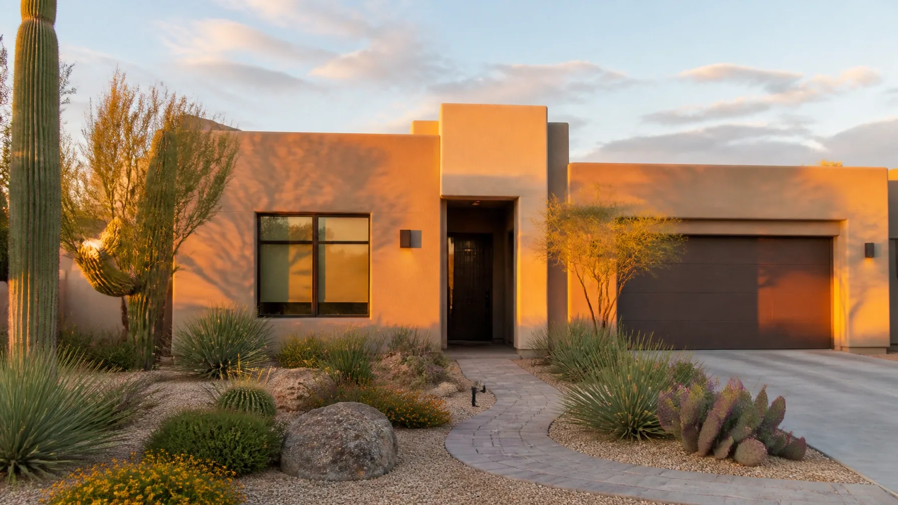 Desert-style home at sunset with saguaro cactus and desert landscaping