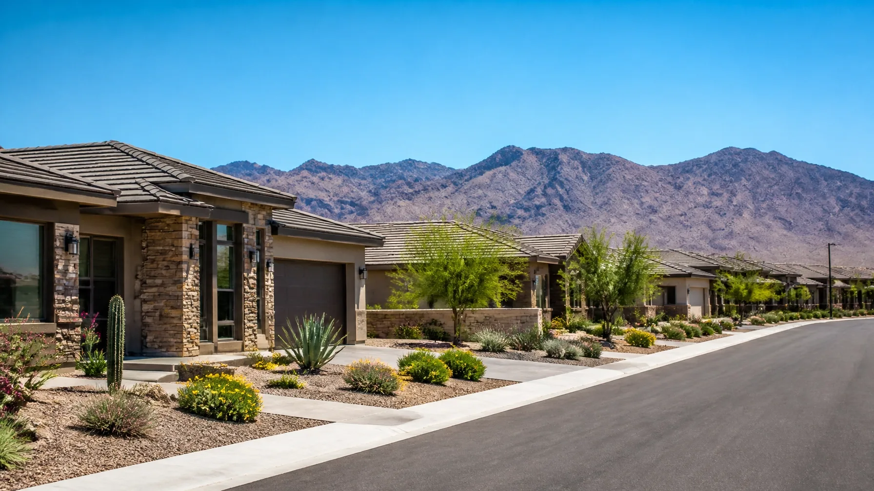 Residential street in a modern Phoenix-area neighborhood with stucco homes