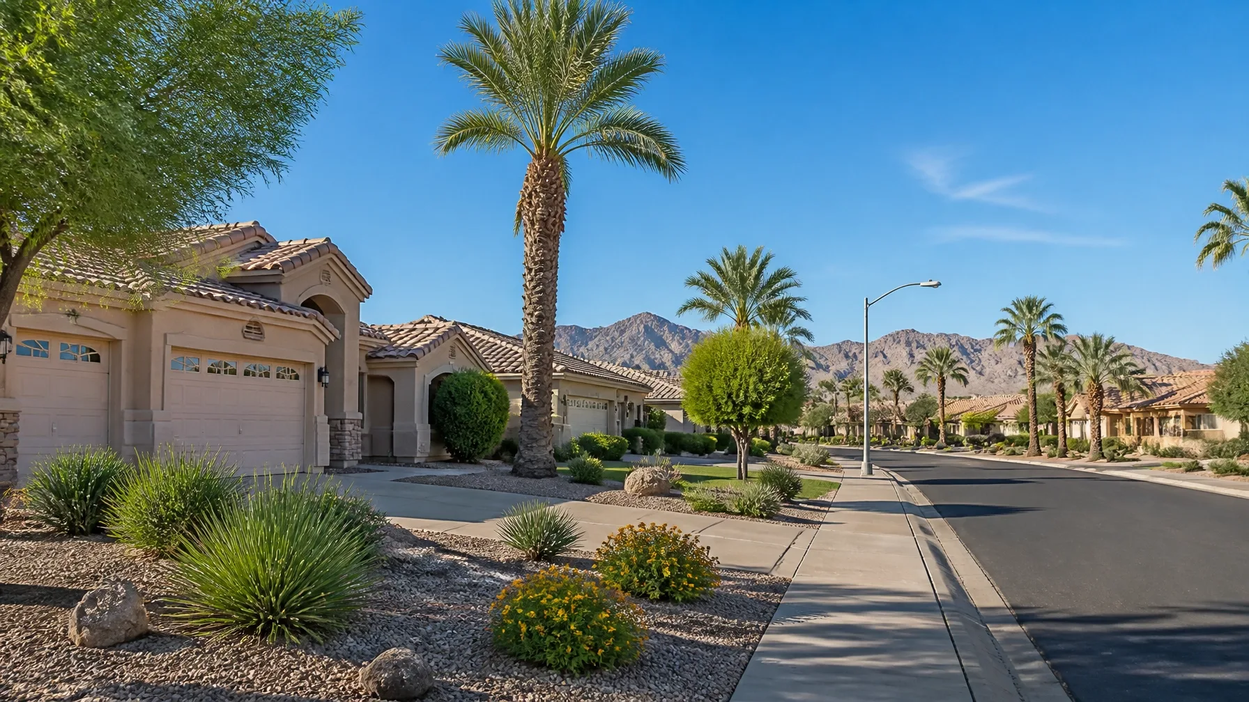 Desert suburban streetscape in Surprise with stucco homes and palm trees