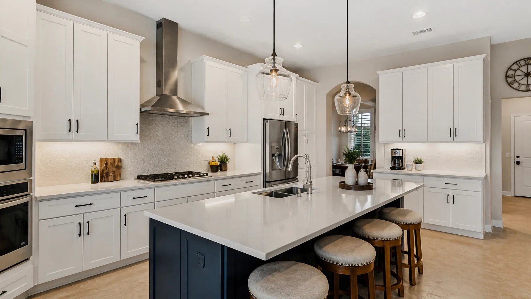 Modern kitchen interior with white cabinets and a navy island