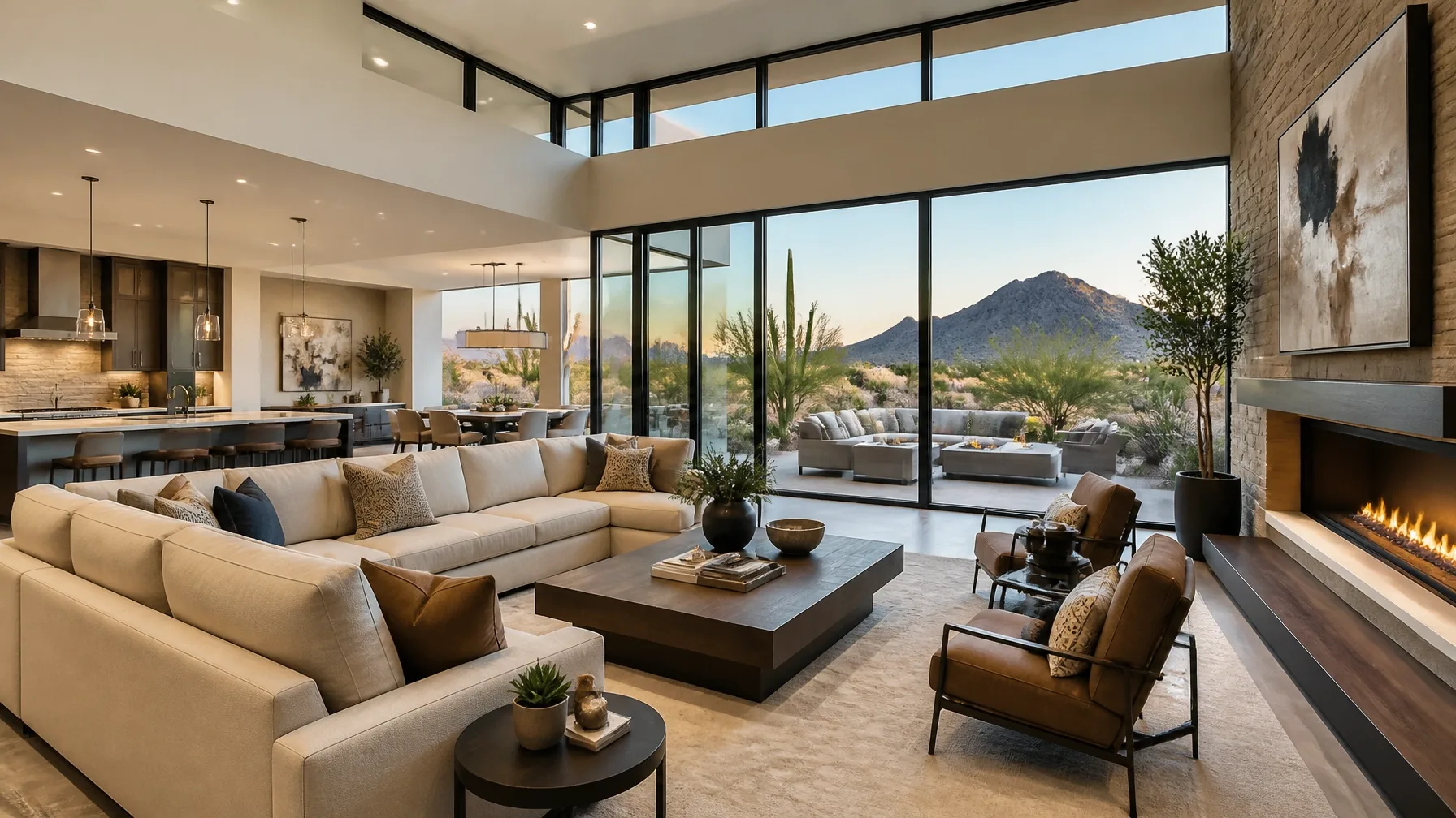 Modern desert-style living room with light furniture and large windows