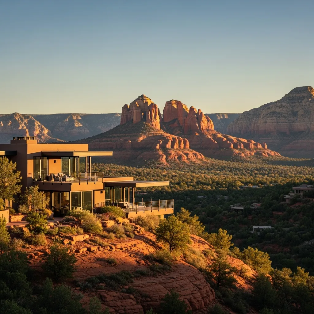 A red-rock Sedona residence with floor-to-ceiling glass set against the cliffs at golden hour