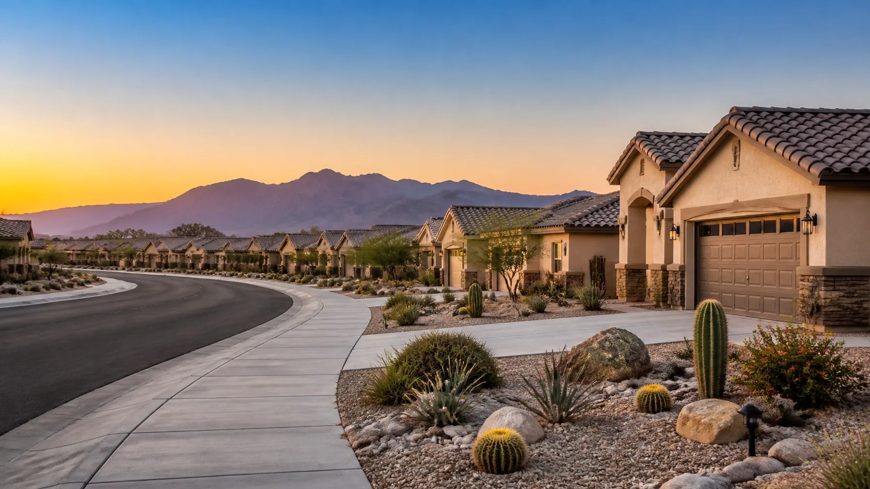 Desert suburban street at golden hour with stucco homes and a mountain view