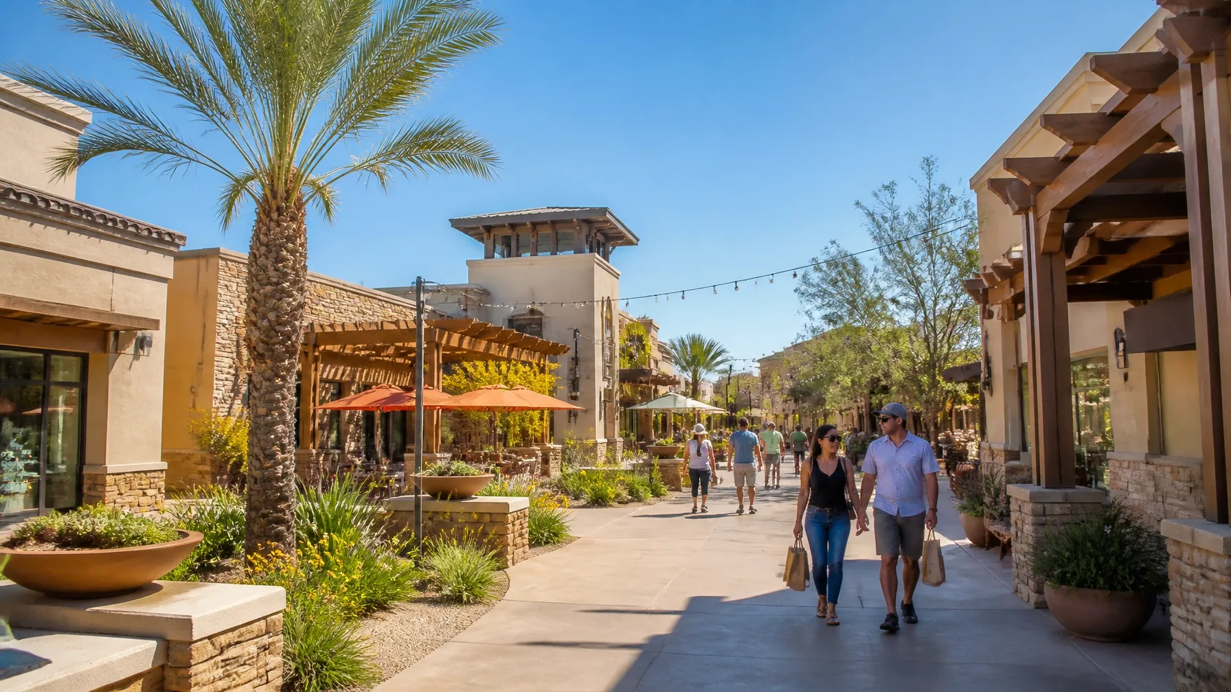 An outdoor community plaza with desert landscaping in the daytime