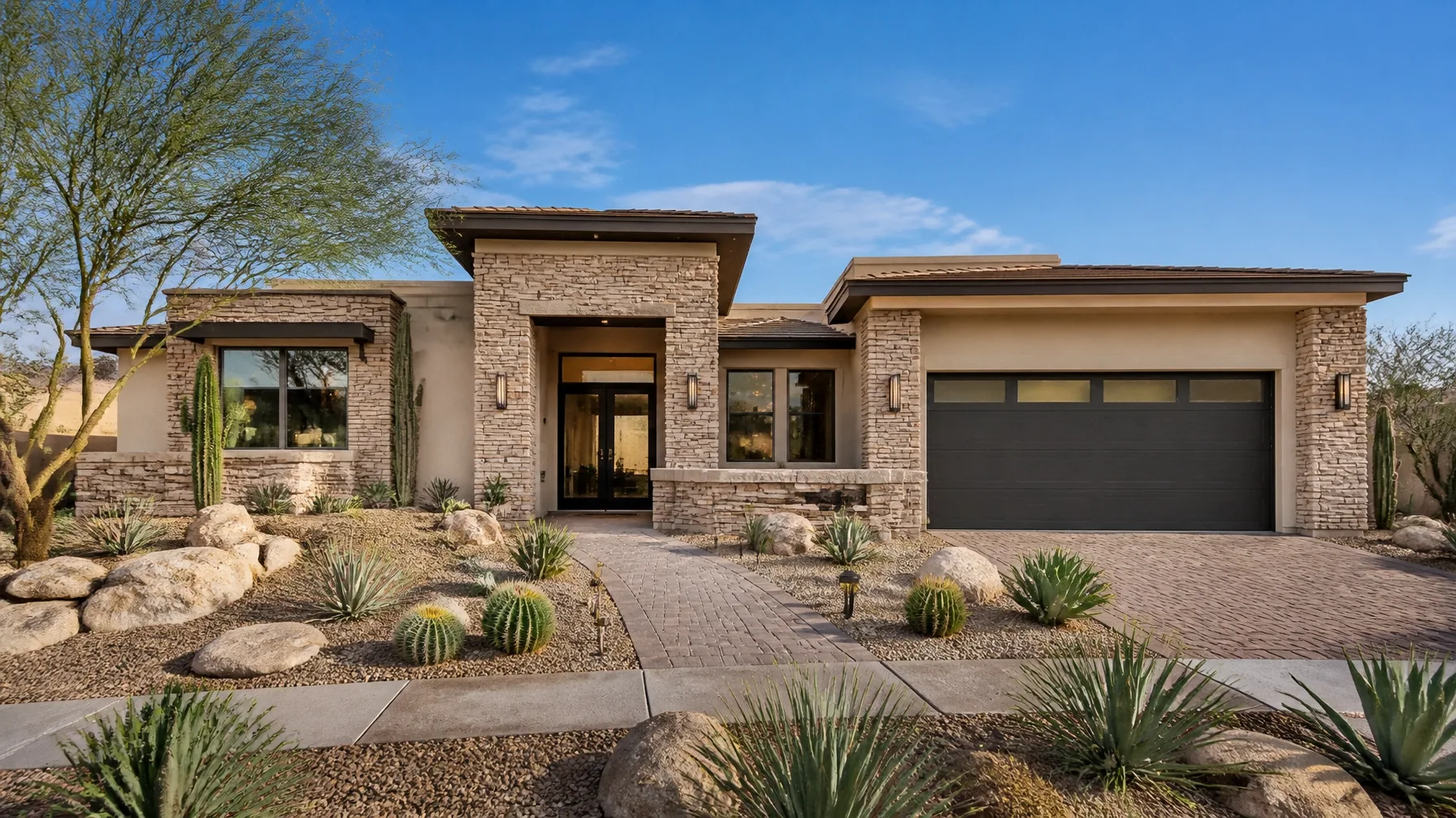 Freshly listed desert modern home in the Phoenix area with clean desert landscaping